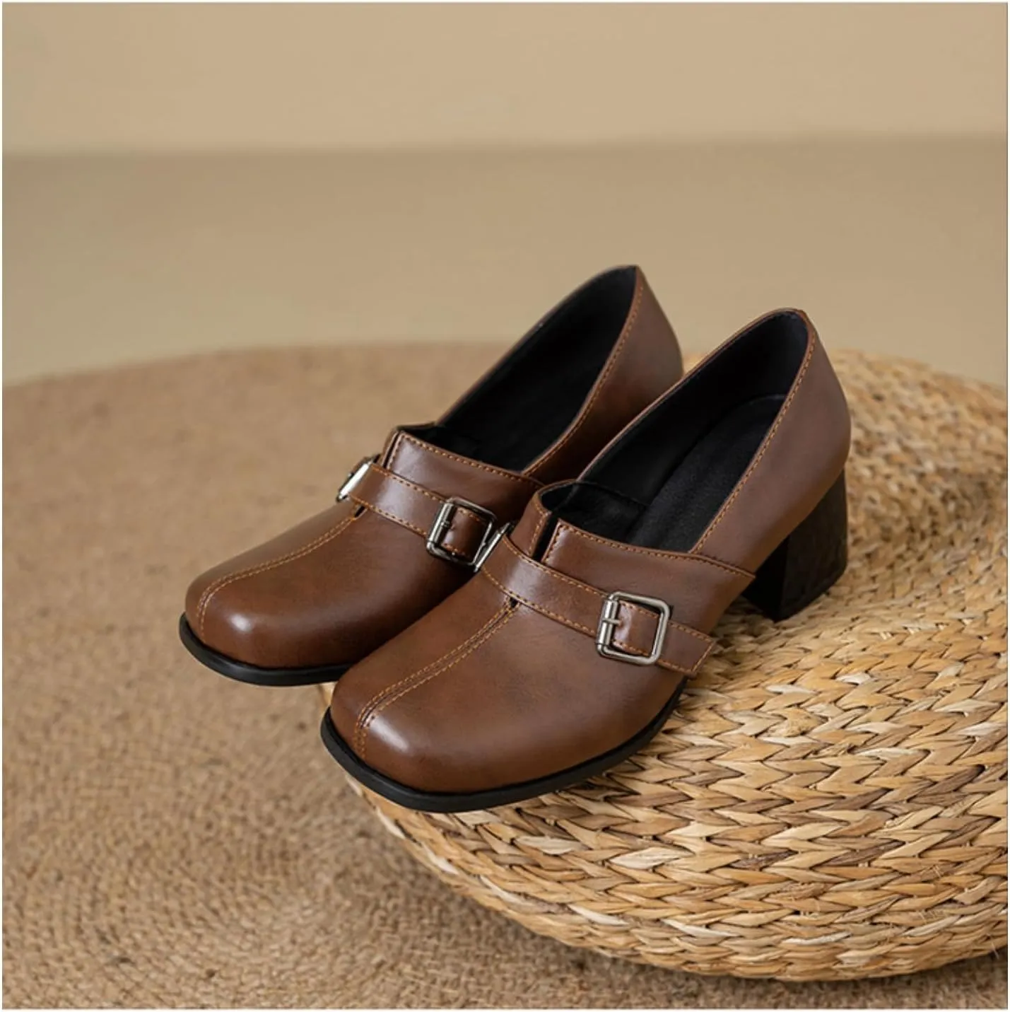 Women's Square Toe Closed Chunky Heel Block Metal Strap Buckle Loafers Pumps Casual Retro Office Work Walking Outdoor Oxfords Shoes