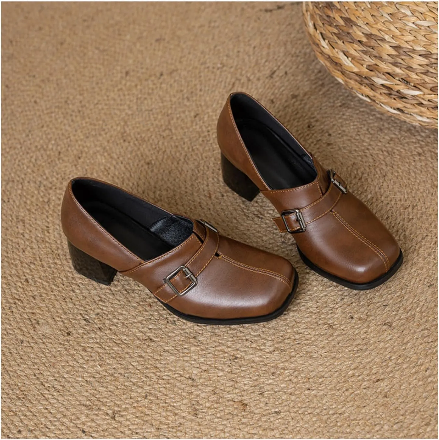 Women's Square Toe Closed Chunky Heel Block Metal Strap Buckle Loafers Pumps Casual Retro Office Work Walking Outdoor Oxfords Shoes