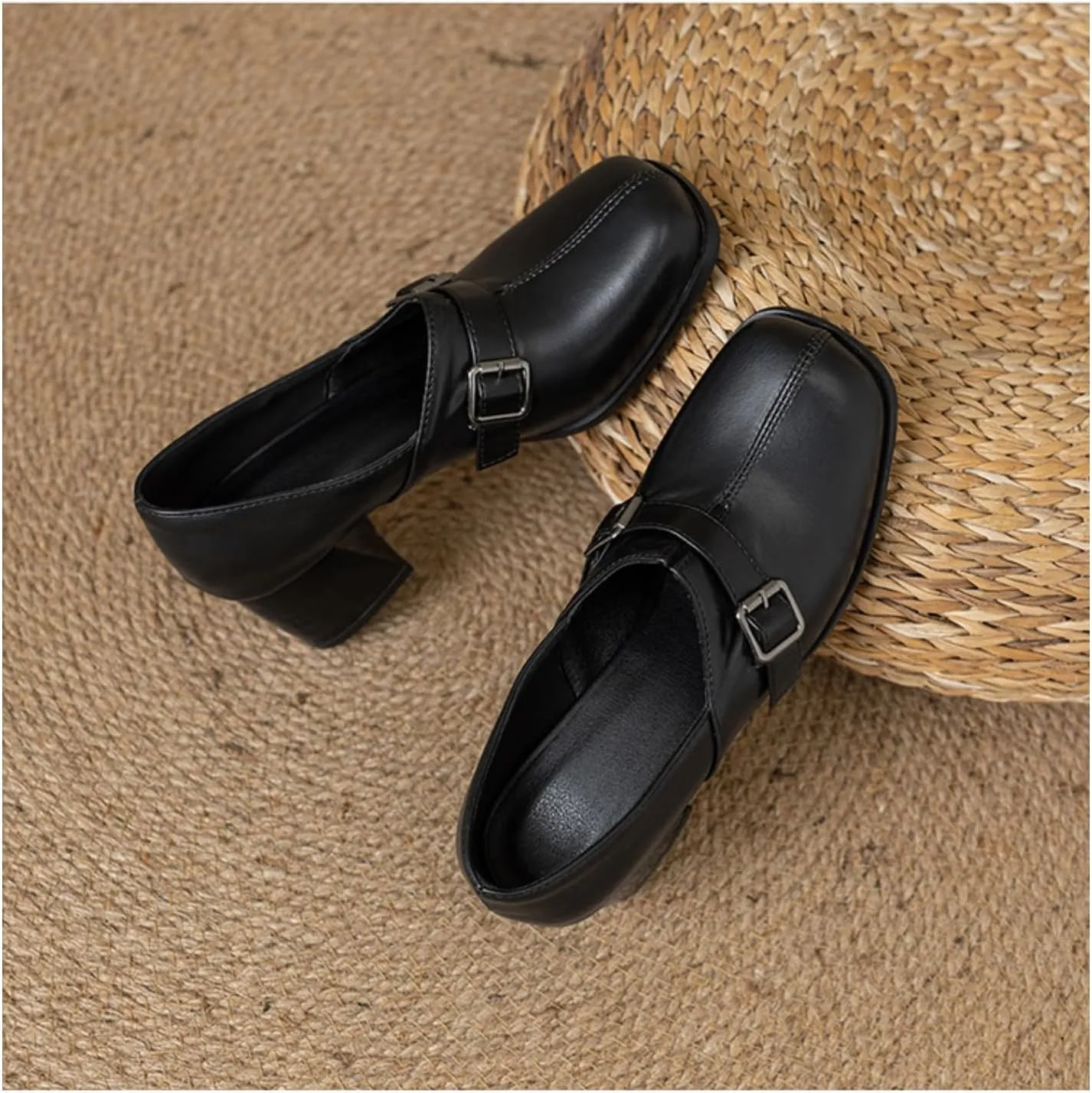 Women's Square Toe Closed Chunky Heel Block Metal Strap Buckle Loafers Pumps Casual Retro Office Work Walking Outdoor Oxfords Shoes
