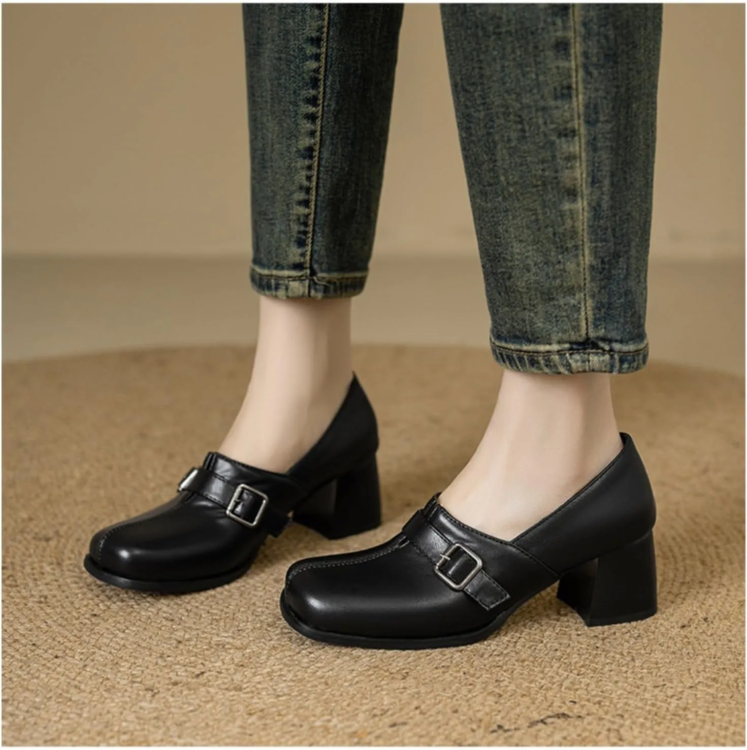 Women's Square Toe Closed Chunky Heel Block Metal Strap Buckle Loafers Pumps Casual Retro Office Work Walking Outdoor Oxfords Shoes