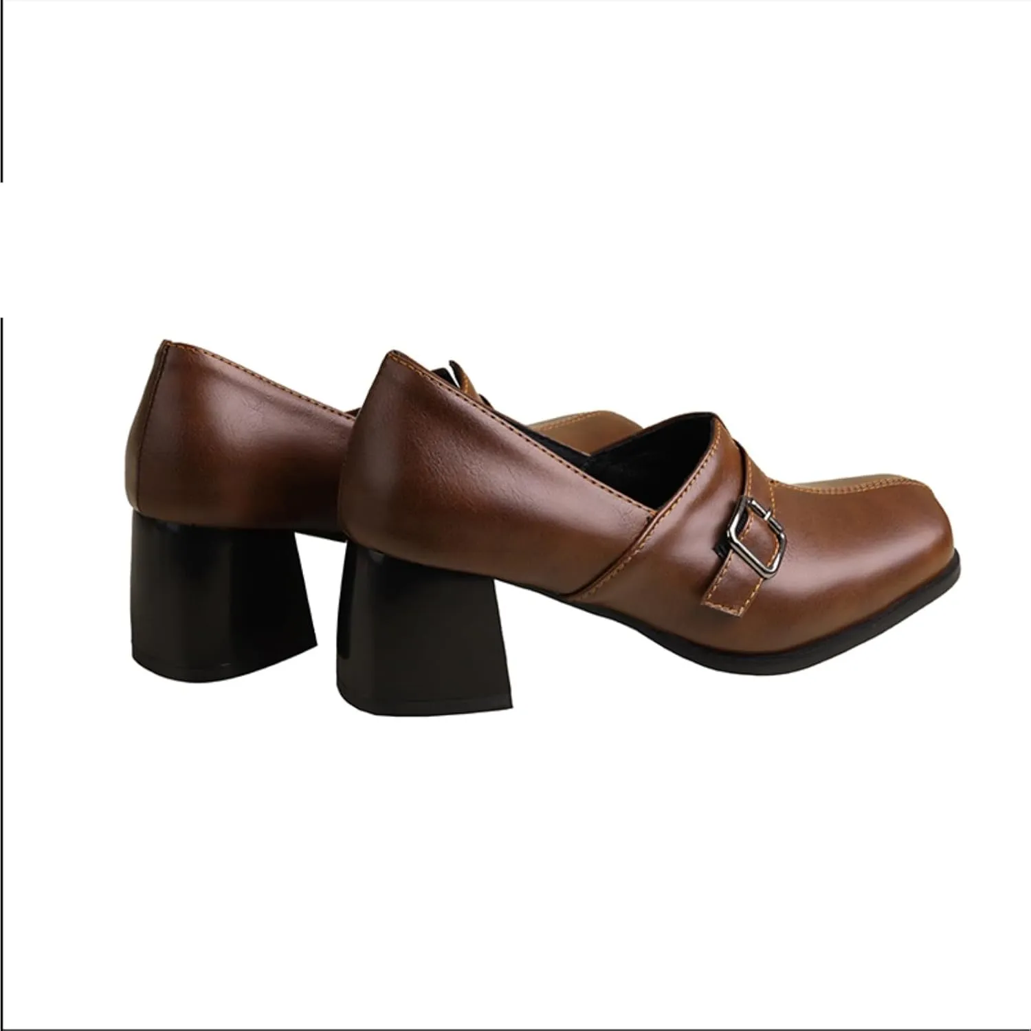 Women's Square Toe Closed Chunky Heel Block Metal Strap Buckle Loafers Pumps Casual Retro Office Work Walking Outdoor Oxfords Shoes