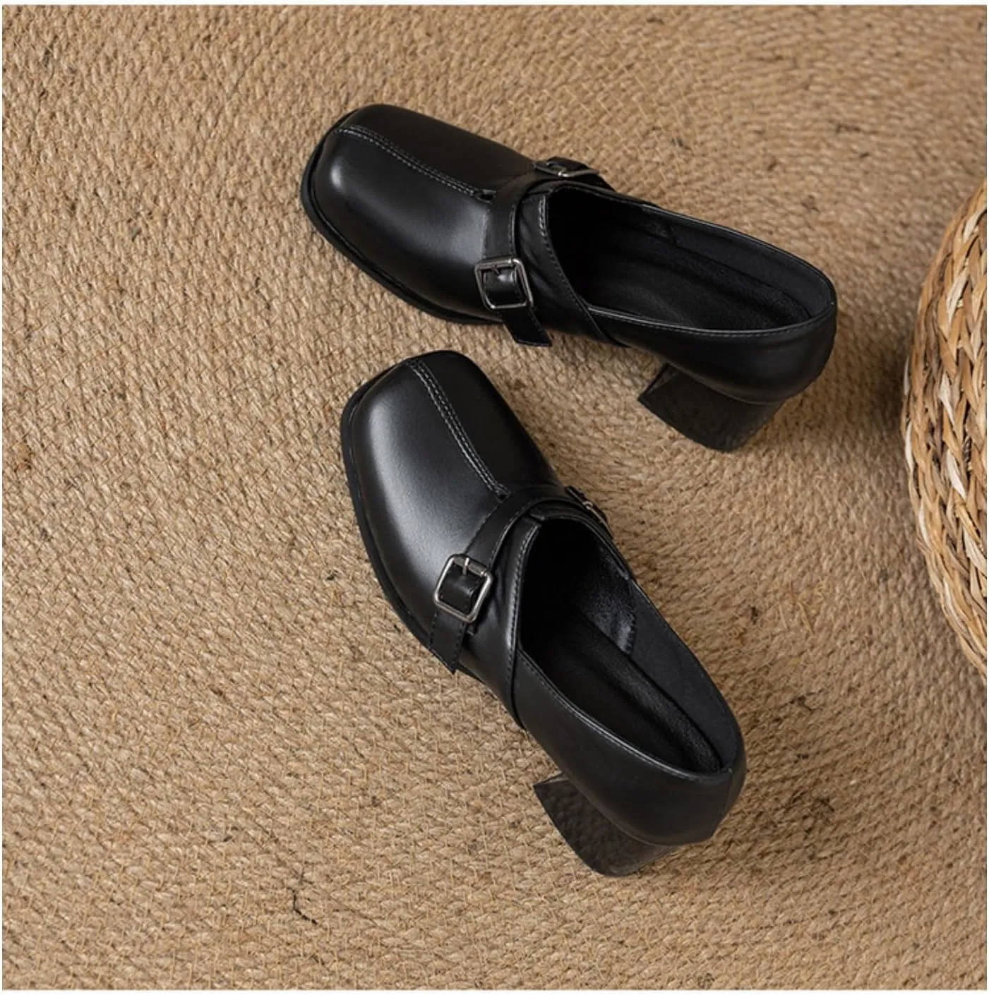 Women's Square Toe Closed Chunky Heel Block Metal Strap Buckle Loafers Pumps Casual Retro Office Work Walking Outdoor Oxfords Shoes