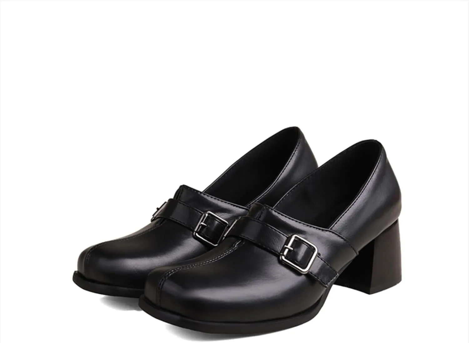 Women's Square Toe Closed Chunky Heel Block Metal Strap Buckle Loafers Pumps Casual Retro Office Work Walking Outdoor Oxfords Shoes