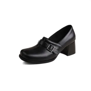 Women's Square Toe Closed Chunky Heel Block Metal Strap Buckle Loafers Pumps Casual Retro Office Work Walking Outdoor Oxfords Shoes