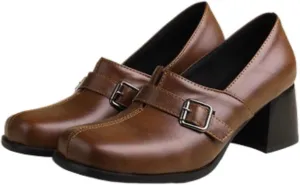 Women's Square Toe Closed Chunky Heel Block Metal Strap Buckle Loafers Pumps Casual Retro Office Work Walking Outdoor Oxfords Shoes