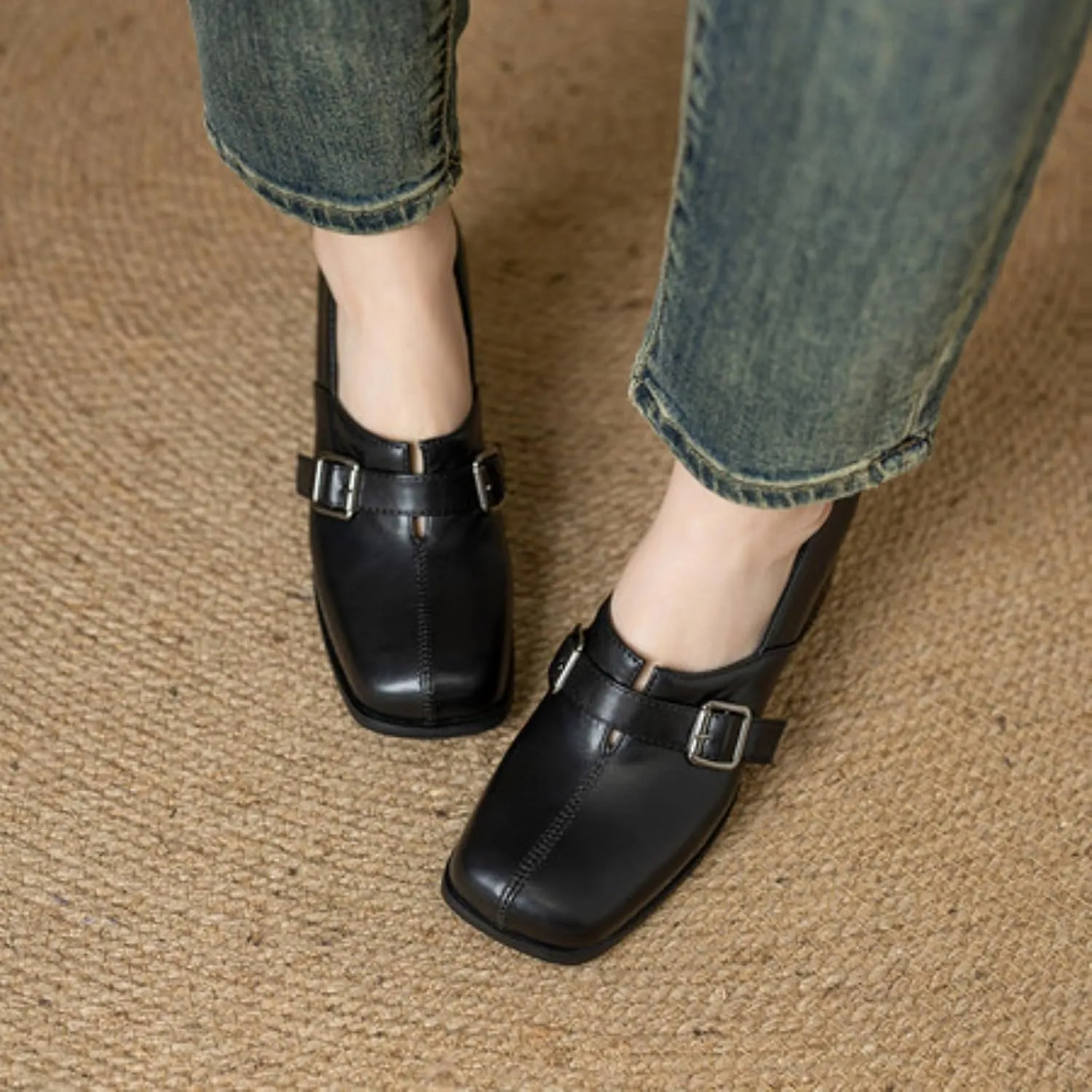 Women's Square Toe Closed Chunky Heel Block Metal Strap Buckle Loafers Pumps Casual Retro Office Work Walking Outdoor Oxfords Shoes