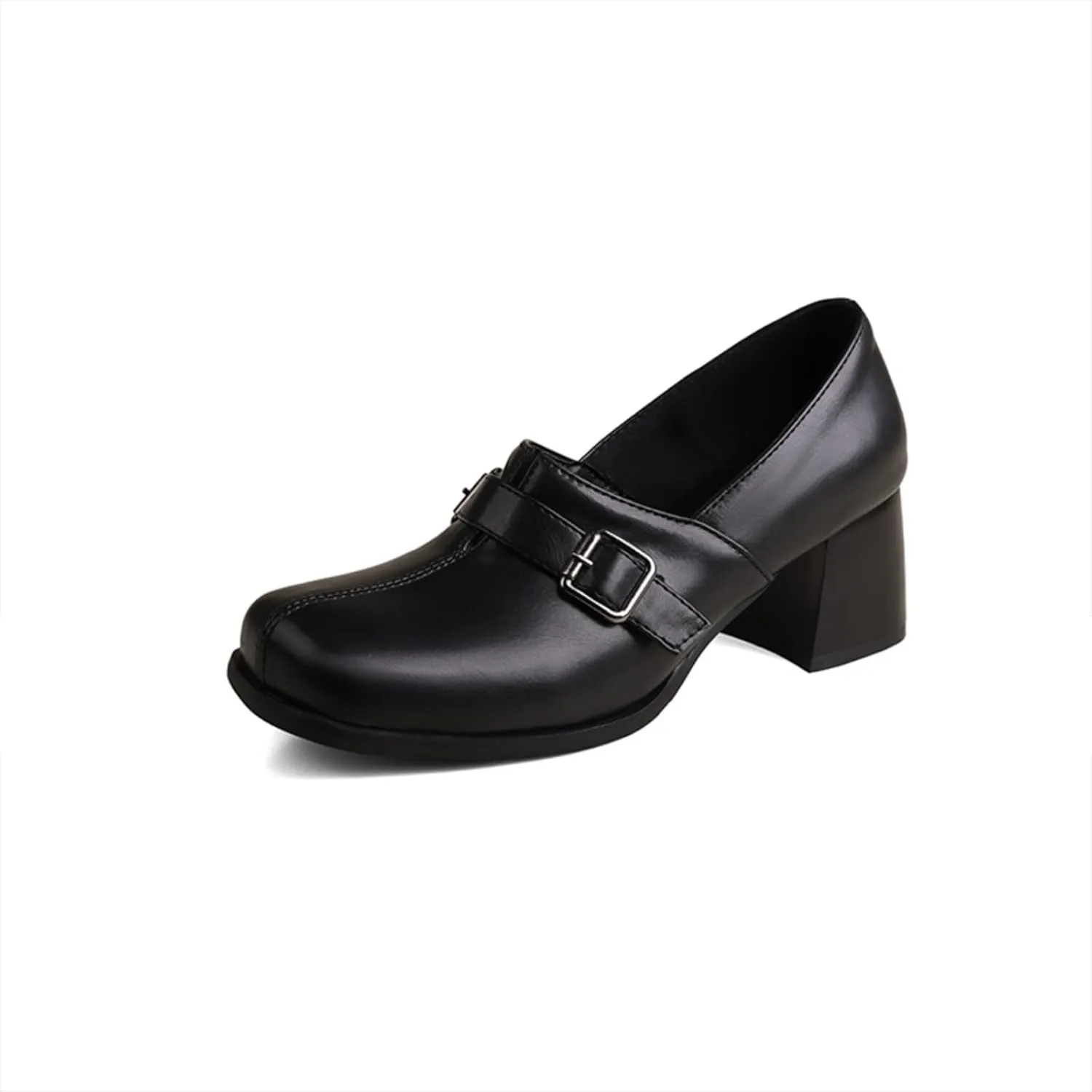 Women's Square Toe Closed Chunky Heel Block Metal Strap Buckle Loafers Pumps Casual Retro Office Work Walking Outdoor Oxfords Shoes