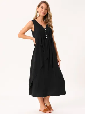 Women's Summer Dresses Sleeveless V Neck Button Decor Flowy Maxi Tank Beach Dress