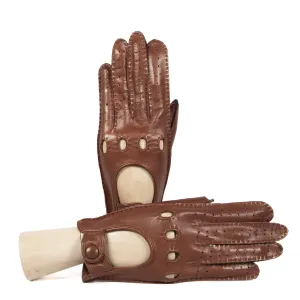 Women's unlined cognac leather gloves entirely hand-sewn with button closure