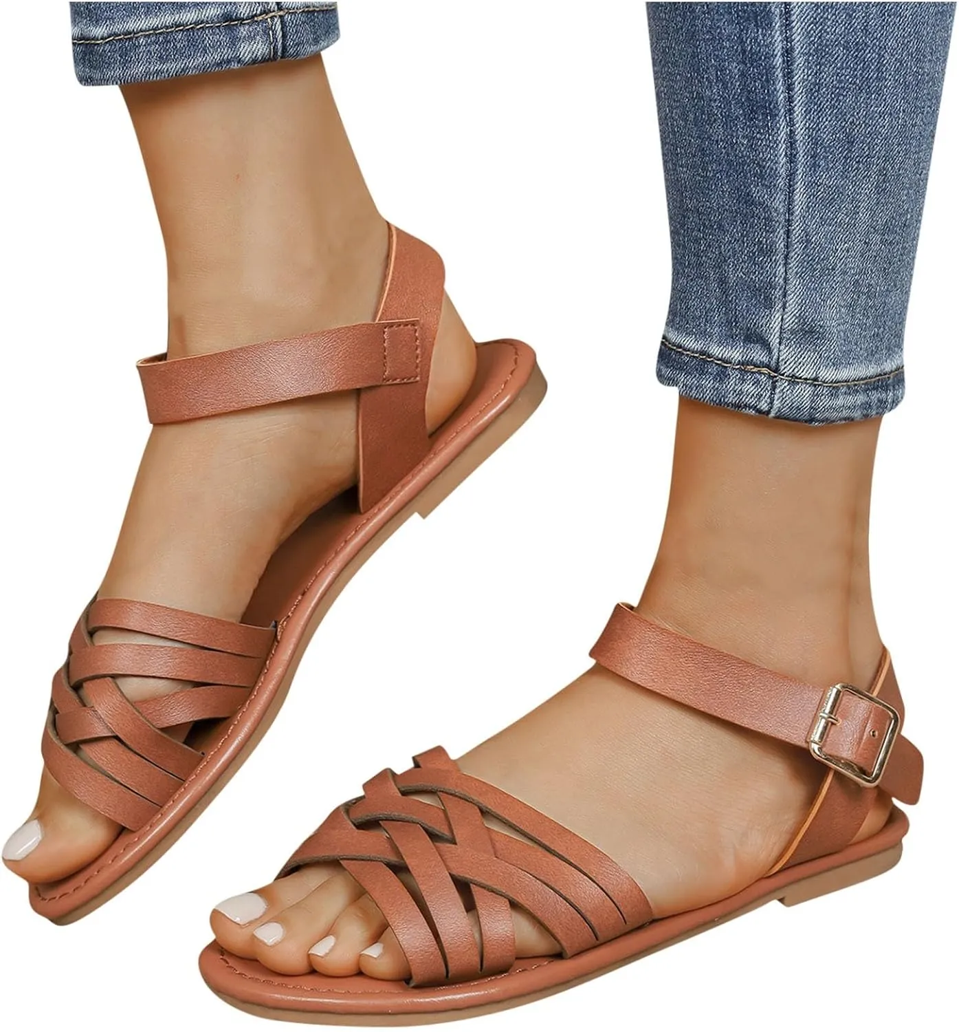 Women's Vintage Criss Cross Flat Sandals Comfort Fashion Dressy Strappy Flats Ankle Strap Summer Roman Sandal Shoes