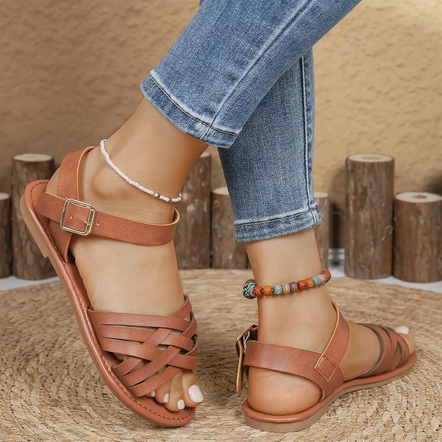 Women's Vintage Criss Cross Flat Sandals Comfort Fashion Dressy Strappy Flats Ankle Strap Summer Roman Sandal Shoes