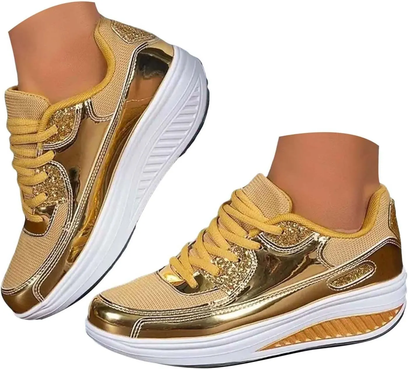 Womens Walking Sneakers Womens Platform Sneakers Gold Tennis Shoes Casual Fashion Sneaker Wide Width Lace Up Shoes