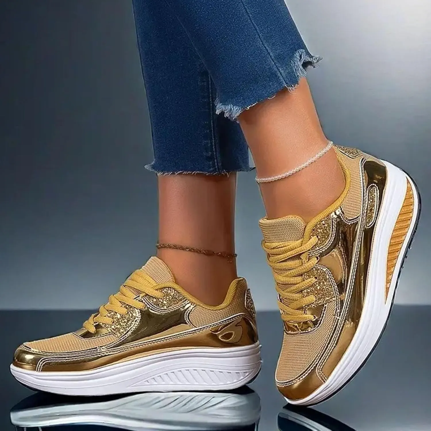 Womens Walking Sneakers Womens Platform Sneakers Gold Tennis Shoes Casual Fashion Sneaker Wide Width Lace Up Shoes