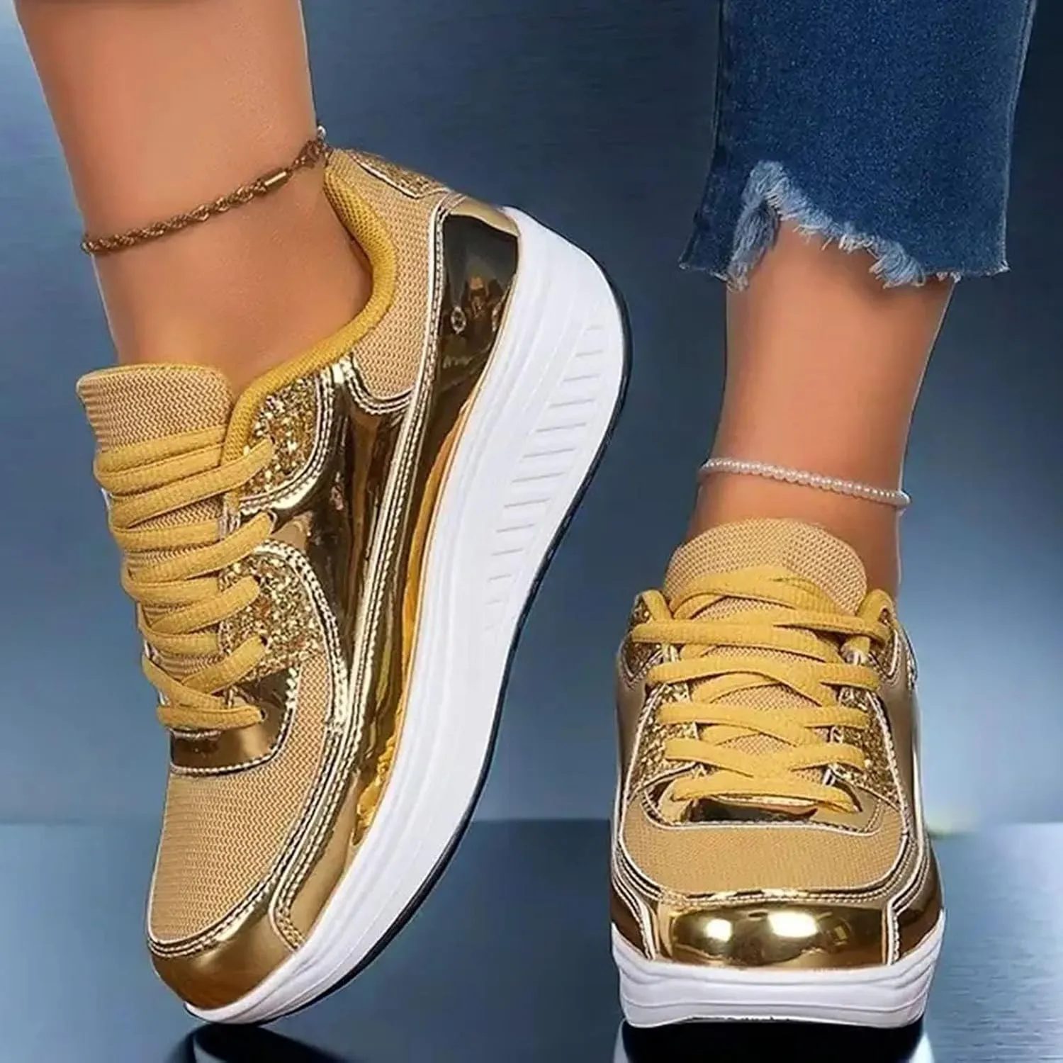 Womens Walking Sneakers Womens Platform Sneakers Gold Tennis Shoes Casual Fashion Sneaker Wide Width Lace Up Shoes