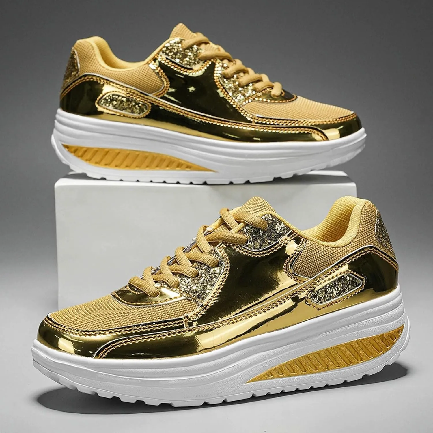 Womens Walking Sneakers Womens Platform Sneakers Gold Tennis Shoes Casual Fashion Sneaker Wide Width Lace Up Shoes