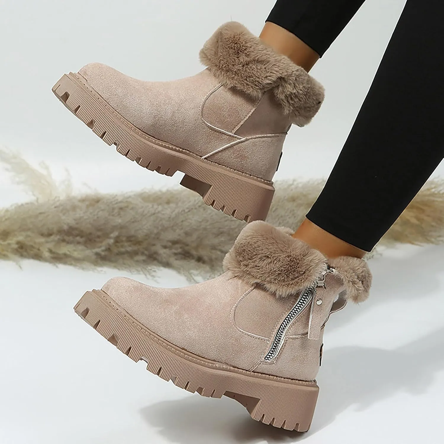 Women's Waterproof Winter Boots with Plush Lined Warm Anti-Slip Suede Ankle Boots Wide Calf Platform Boots