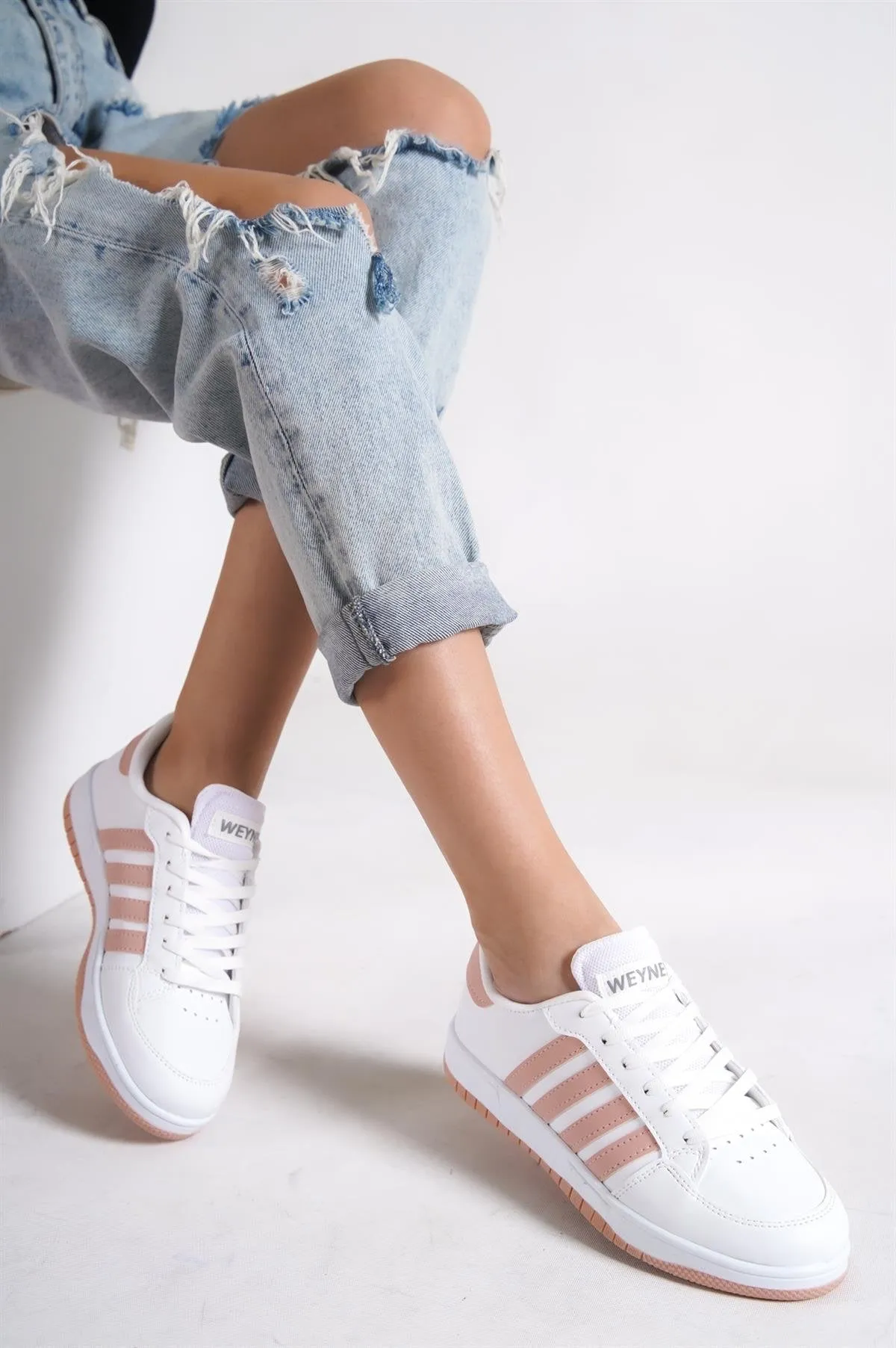 Women's White-Powder Flat Sole Lace-Up Casual Sneaker Sports Shoes