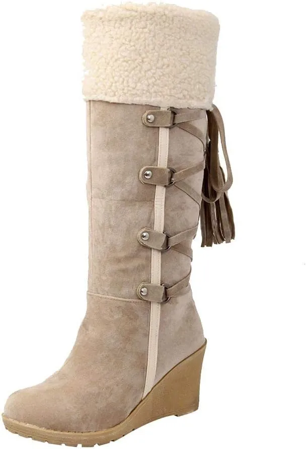 Women's Winter Fuzzy Collar Wedge The Knee Thigh Snow Boots Warm Non-slip Comfortable Pull On High Boots