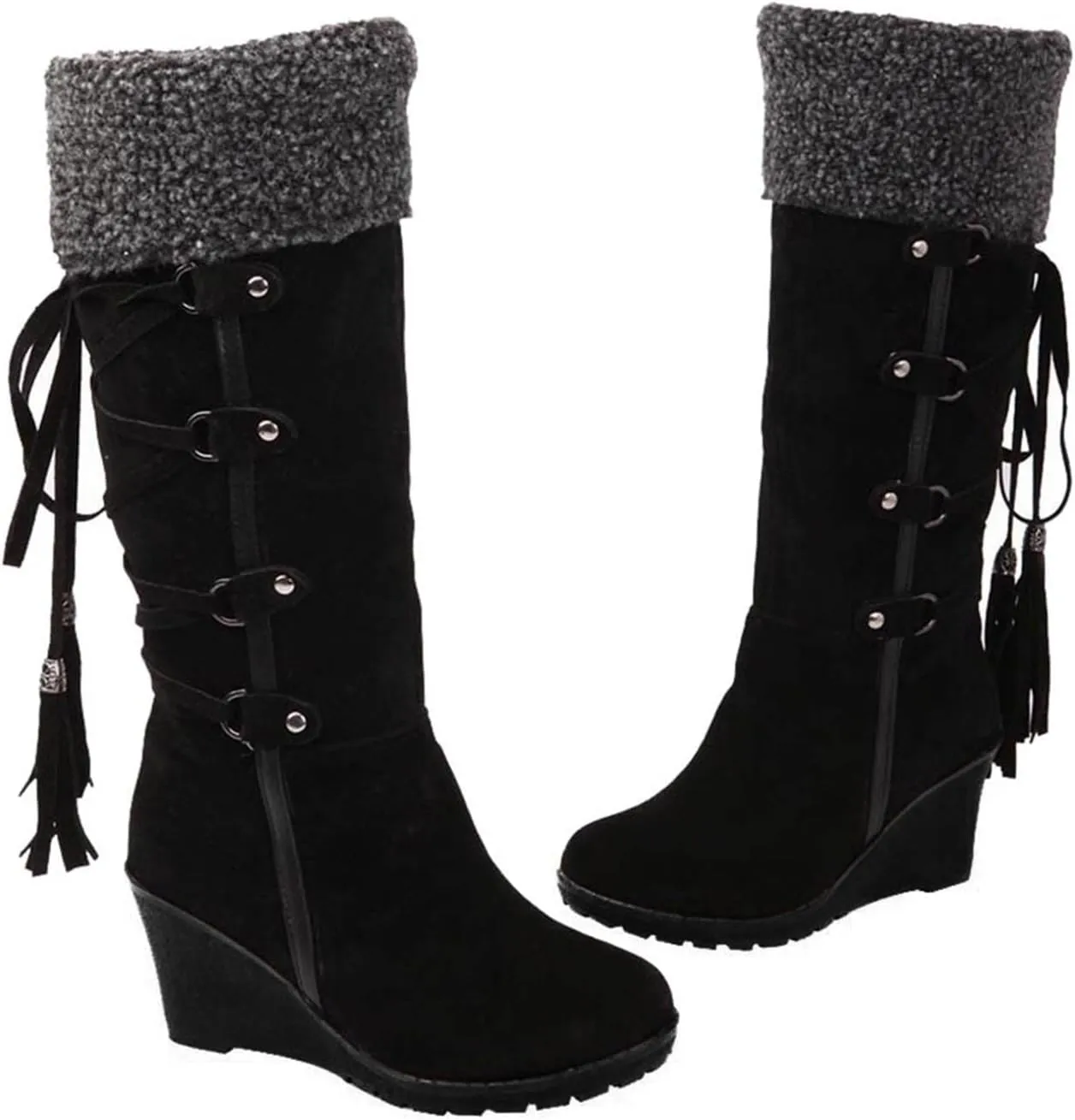 Women's Winter Fuzzy Collar Wedge The Knee Thigh Snow Boots Warm Non-slip Comfortable Pull On High Boots