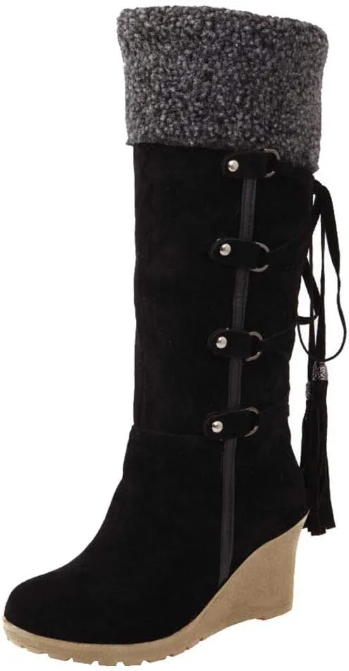 Women's Winter Fuzzy Collar Wedge The Knee Thigh Snow Boots Warm Non-slip Comfortable Pull On High Boots
