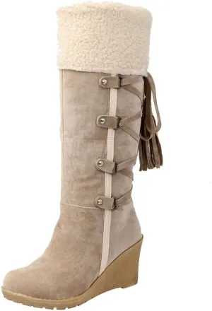 Women's Winter Fuzzy Collar Wedge The Knee Thigh Snow Boots Warm Non-slip Comfortable Pull On High Boots