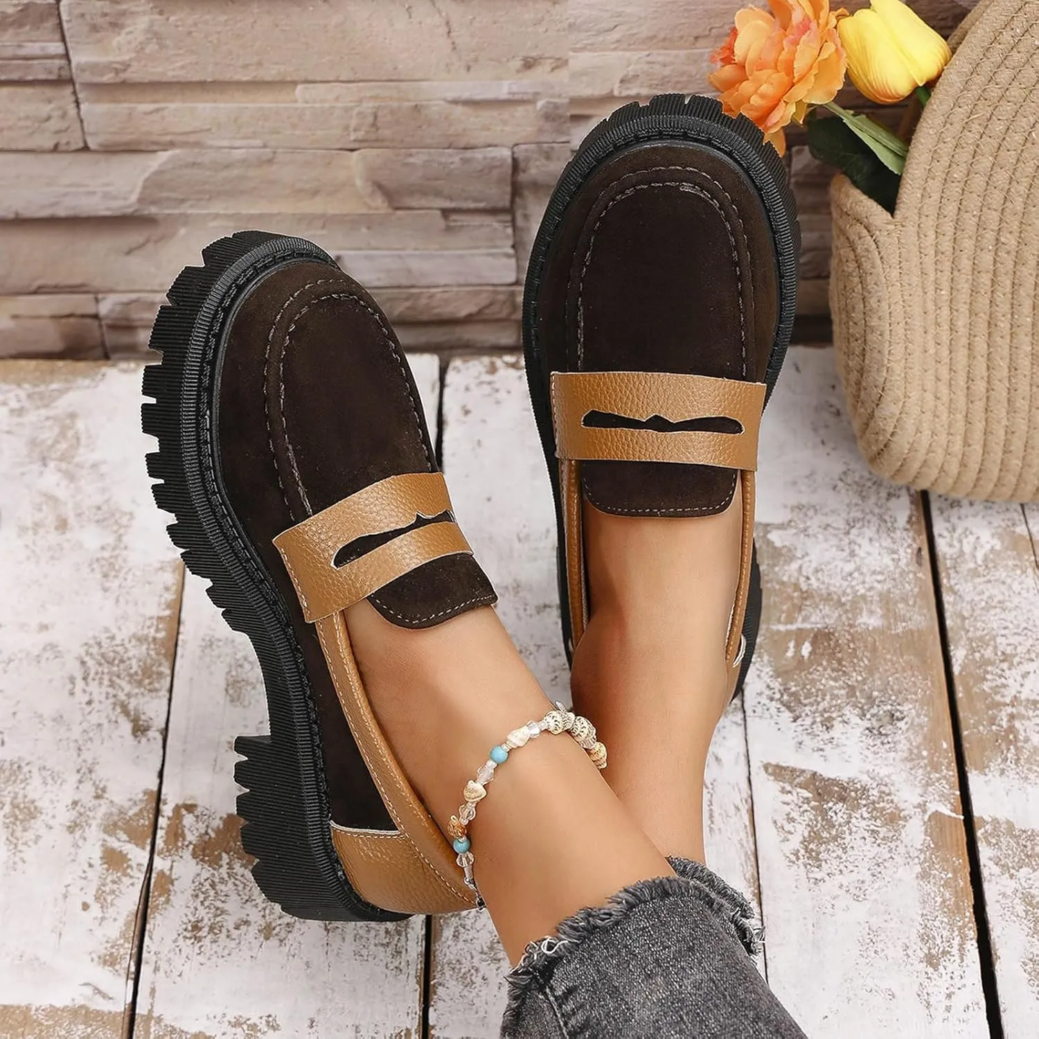 Work Shoes for Women Platform Oxford Shoes Chunky Loafers Comfortable Penny Loafers Dressy Casual Shoes Office Shoes