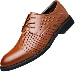 YZABEL Men's Leather Flat Lace Up Dress Oxford Shoes, Pointed Toe Breathable Hollow Casual Shoes, Soft-Soled Non-Slip for Daily Commuting Activity