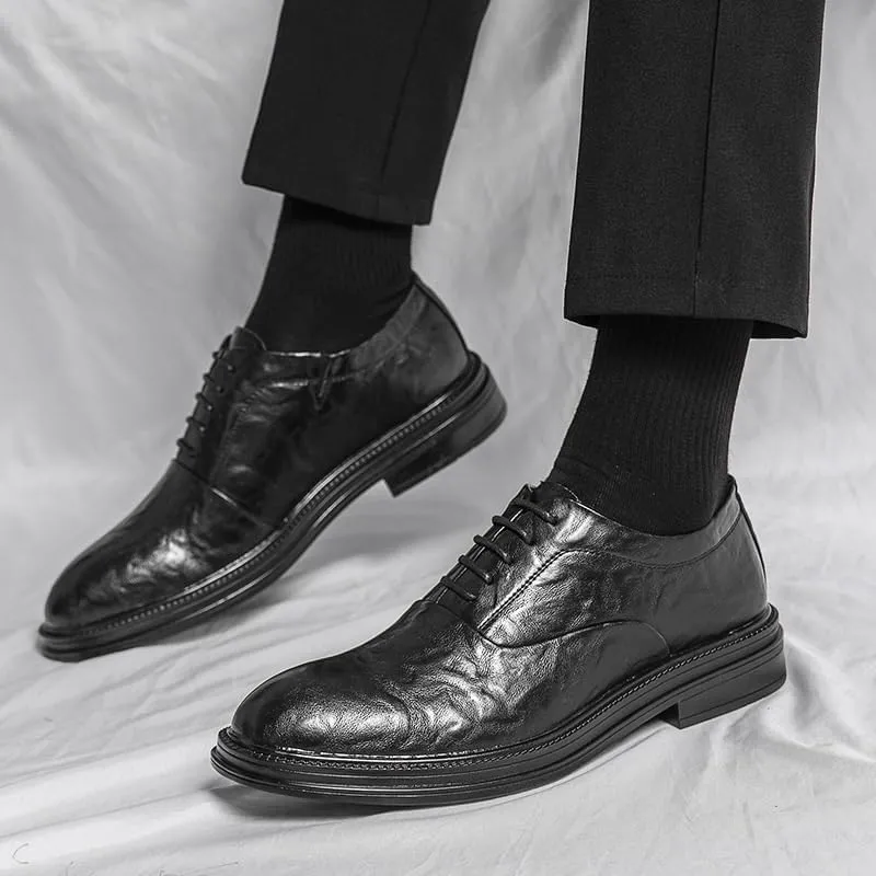 YZABEL Men's Leather Lace Up Dress Oxford Shoes, Pointed Toe Flat Low Top Casual Shoes, Soft-Soled Non-Slip for Formal and Everyday Wear