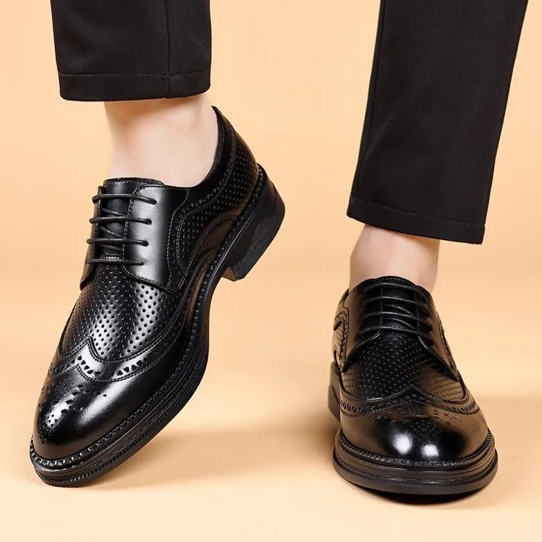 YZABEL Men's Leather Lace-Up Dress Oxfords Shoes, Summer Pointed Toe Breathable Hollow Casual Shoes, Lightweight and Comfortable for Formal Business Wedding
