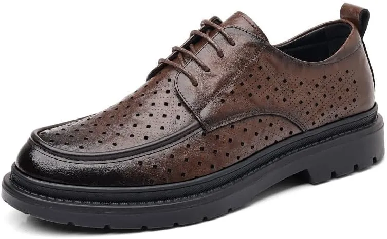 YZABEL Men's Leather Platform Lace Up Business Casual Shoes, Pointed Toe Breathable Hollow Oxfords Dress Shoes, Soft-Soled Non-Slip for Formal and Everyday Wear