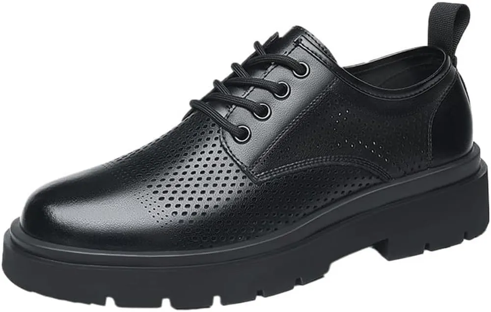 YZABEL Men's Leather Platform Lace Up Dress Oxford Shoes, Summer Pointed Toe Breathable Hollow Casual Shoes, Rubber Non-Slip for Formal and Everyday Wear