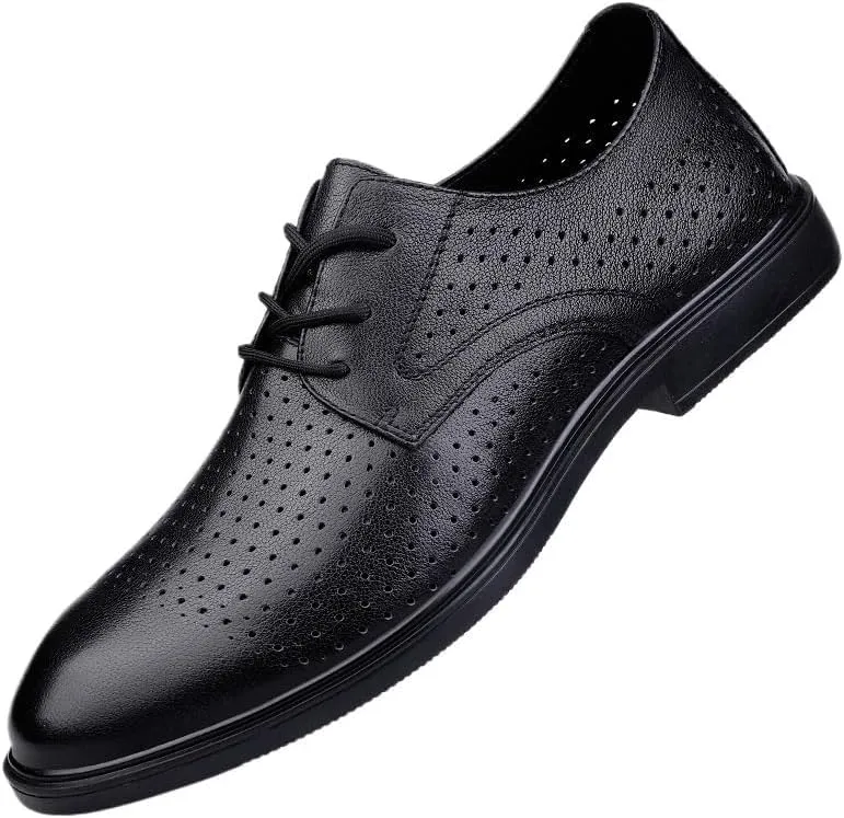YZABEL Men's Patent Leather Flat Formal Oxford Shoes, Pointed Toe Lace-Up Business Casual Shoes, Breathable Hollow Lightweight Comfortable for Daily Commuting Activity