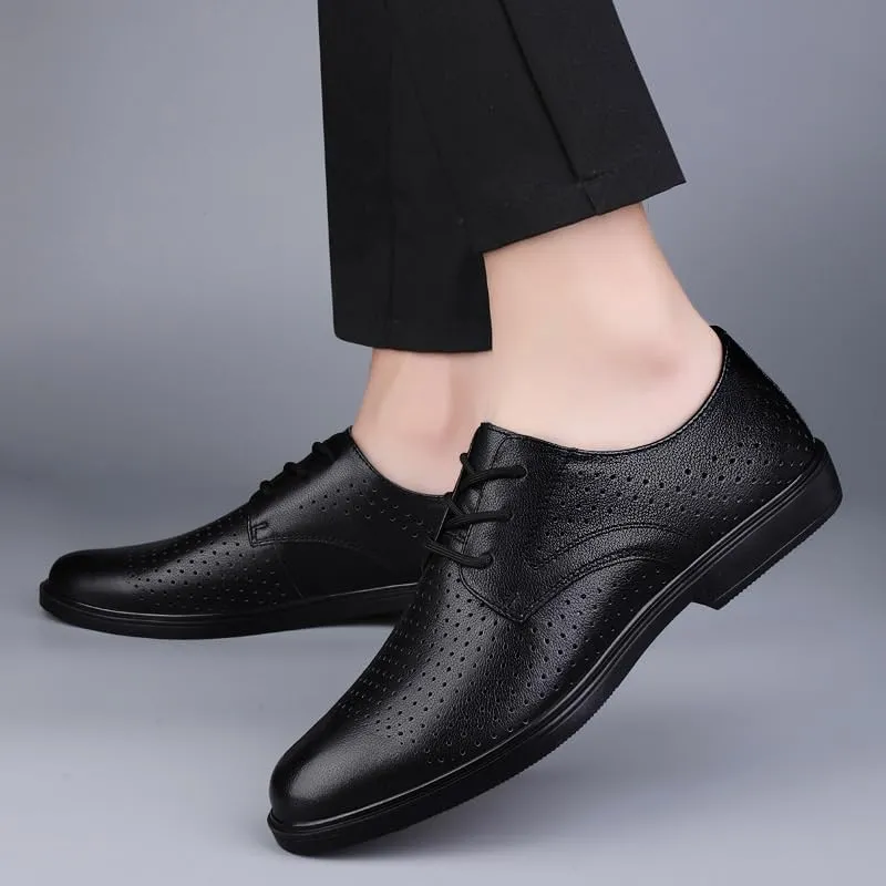 YZABEL Men's Patent Leather Flat Formal Oxford Shoes, Pointed Toe Lace-Up Business Casual Shoes, Breathable Hollow Lightweight Comfortable for Daily Commuting Activity