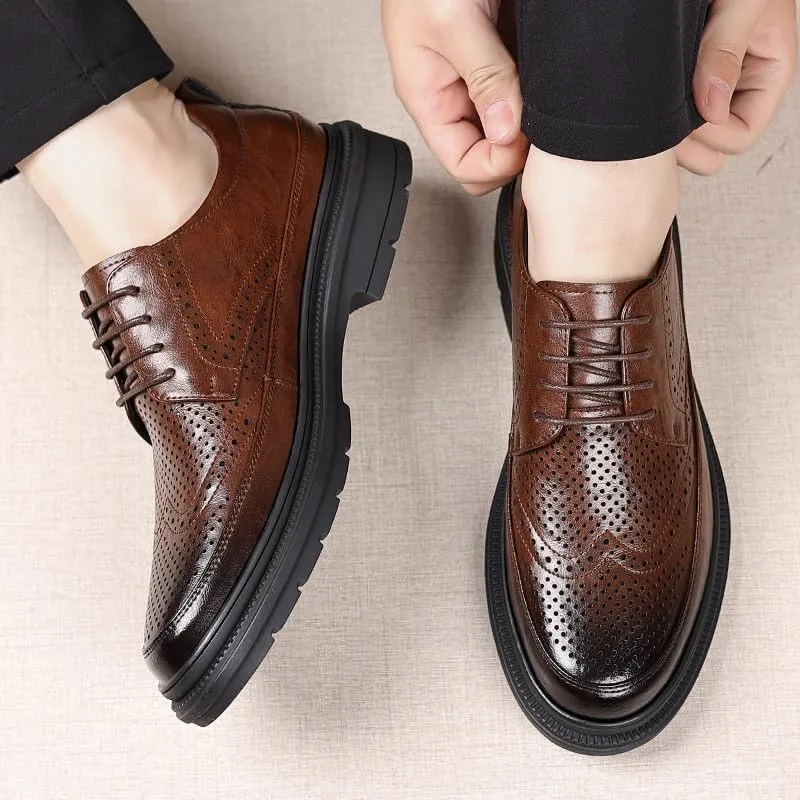 YZABEL Men's Patent Leather Platform Formal Oxford Shoes, Summer Breathable Hollow Lace-Up Pointed Toe Casual Shoes, Rubber Non-Slip for Formal and Everyday Wear