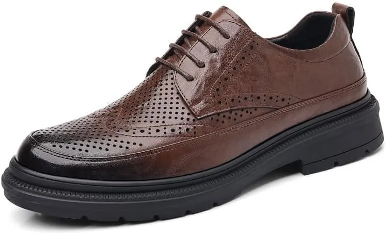 YZABEL Men's Patent Leather Platform Formal Oxford Shoes, Summer Breathable Hollow Lace-Up Pointed Toe Casual Shoes, Rubber Non-Slip for Formal and Everyday Wear