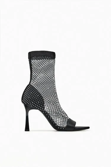 ZARA EMBELLISHED SOCK PEEP-TOE BOOTIE IN BLACK